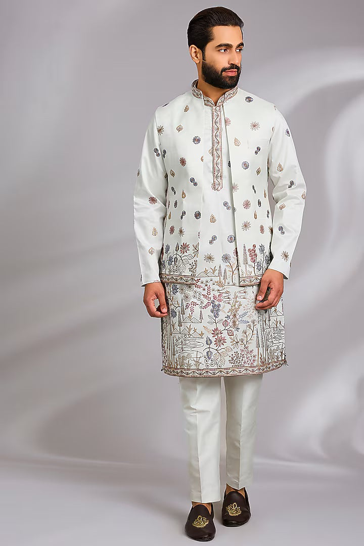 Mint Blue Embroidered Kurta-Jacket Set