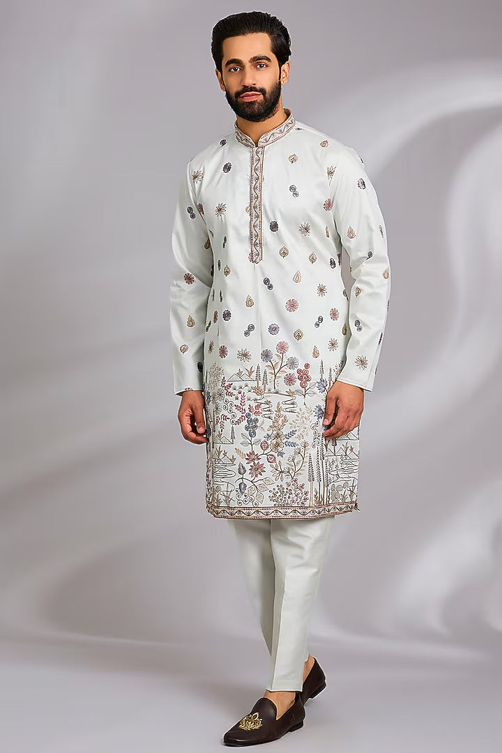 Mint Blue Embroidered Kurta-Jacket Set