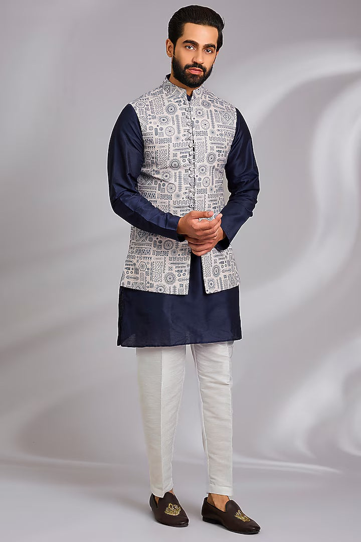 Off White and Royal Blue Tribal Printed Kurta-Jacket Set