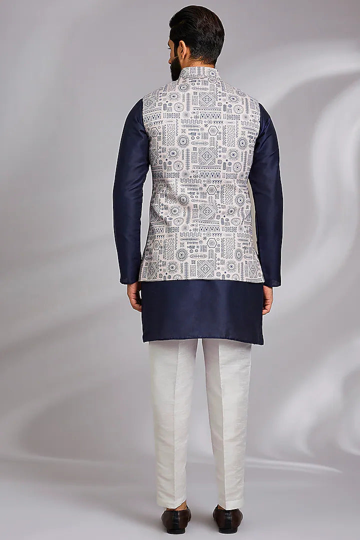 Off White and Royal Blue Tribal Printed Kurta-Jacket Set