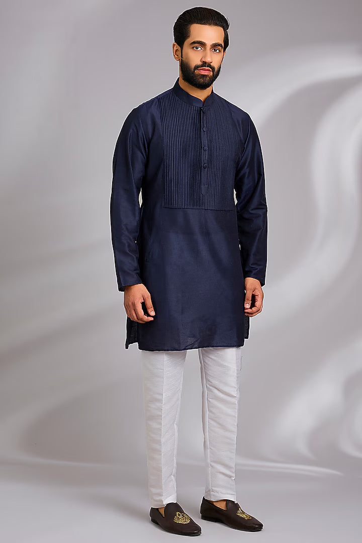 Off White and Royal Blue Tribal Printed Kurta-Jacket Set