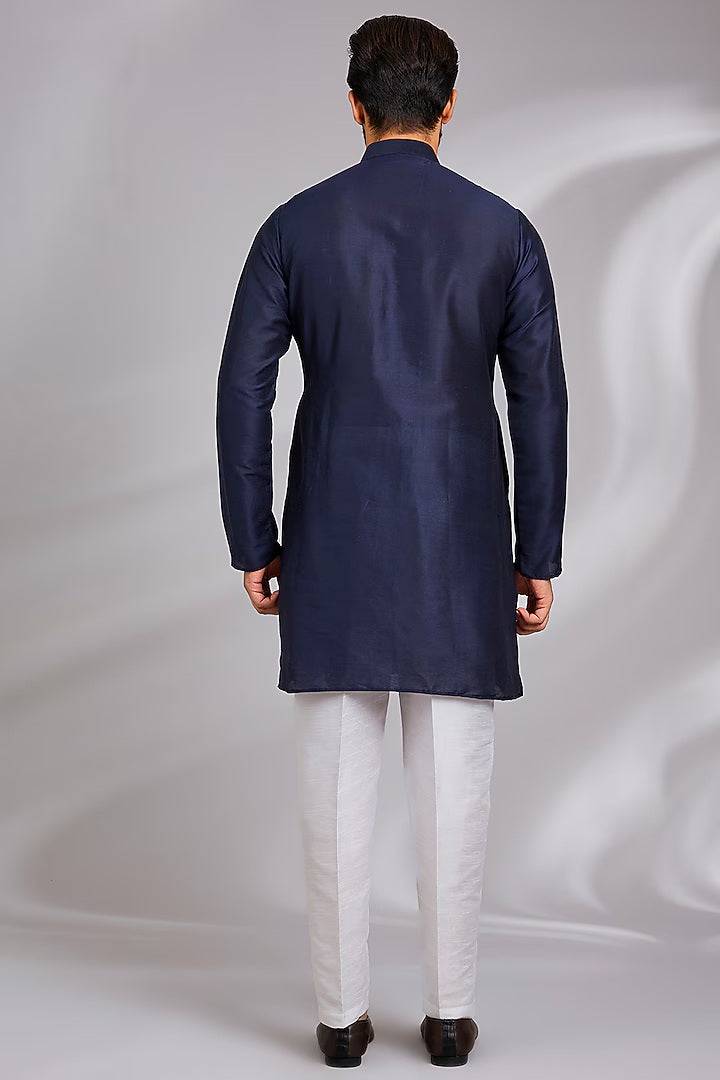 Off White and Royal Blue Tribal Printed Kurta-Jacket Set