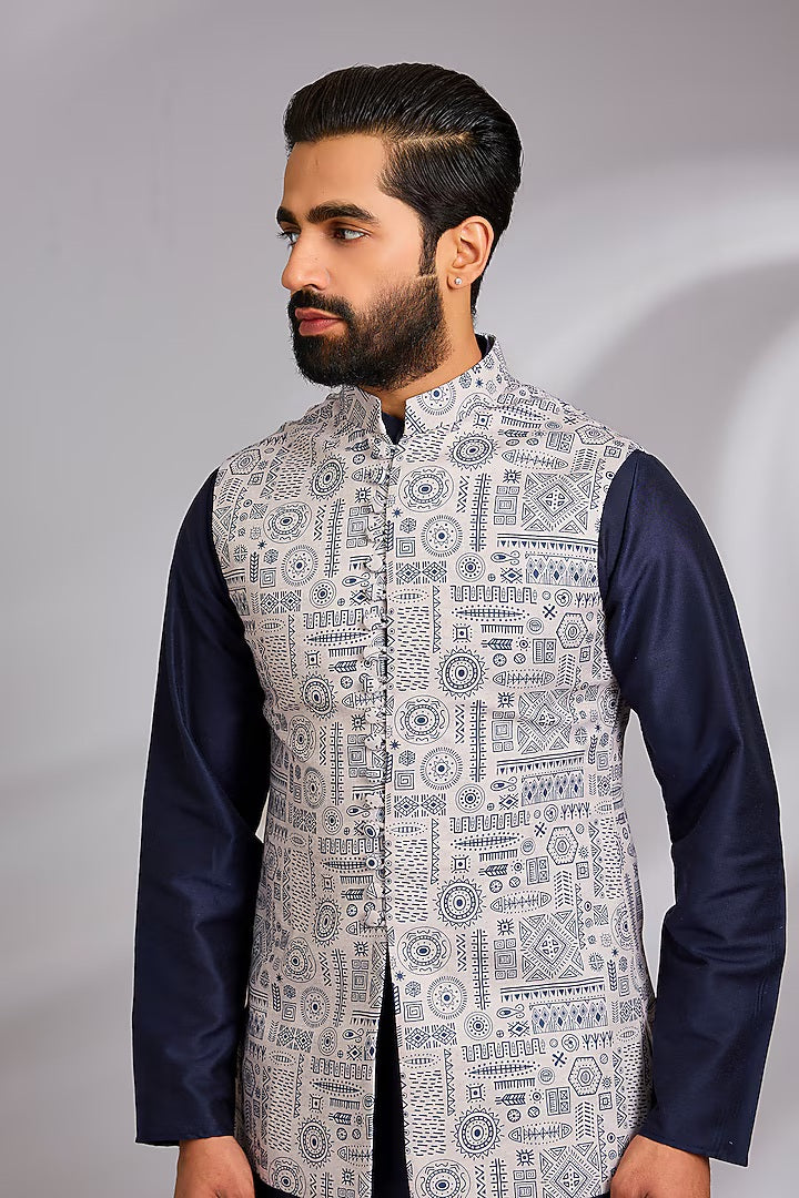 Off White and Royal Blue Tribal Printed Kurta-Jacket Set