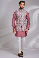 Grey and Mauve Tribal Printed Kurta-Jacket Set