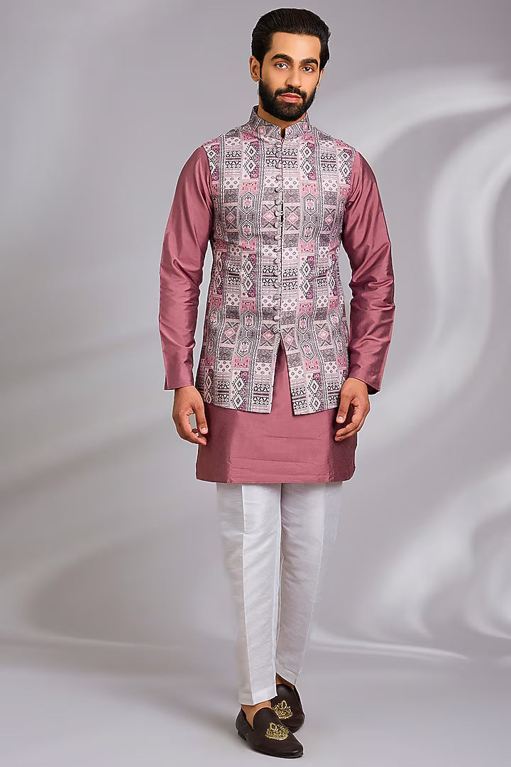 Grey and Mauve Tribal Printed Kurta-Jacket Set