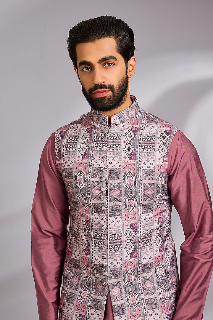 Grey and Mauve Tribal Printed Kurta-Jacket Set