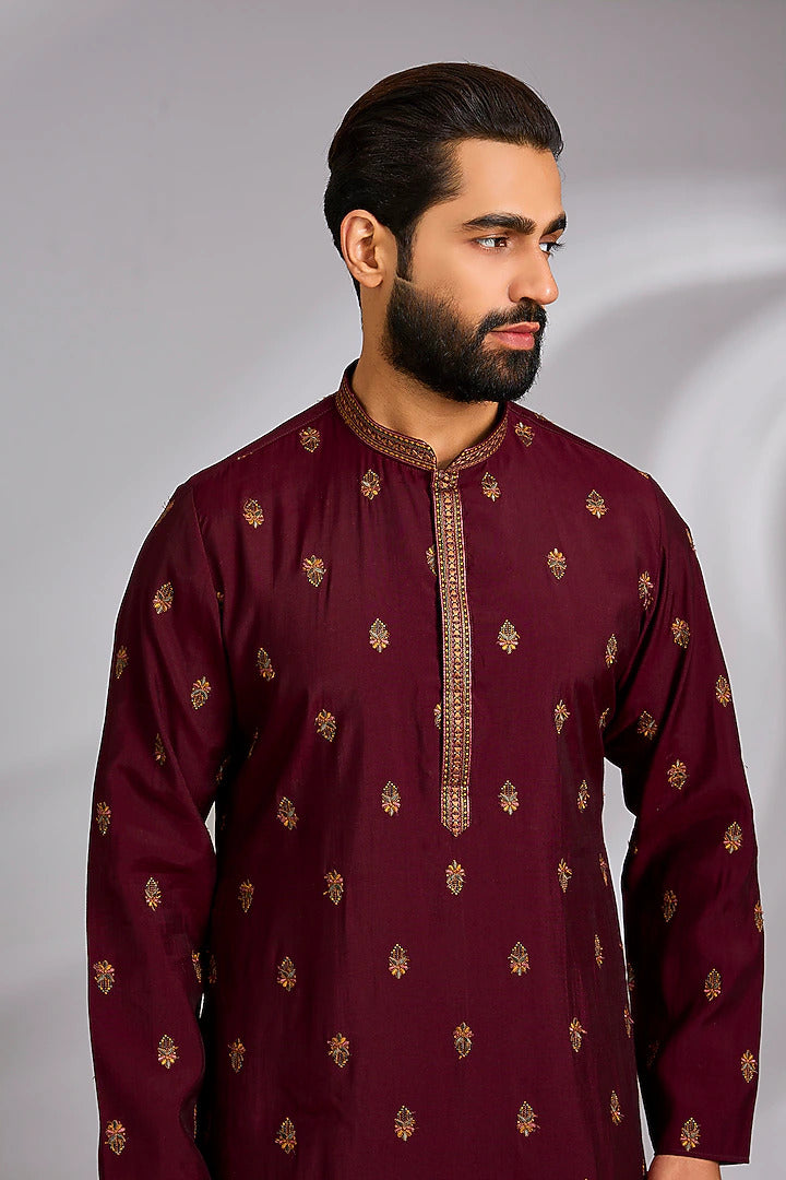 Maroon Embroidered Kurta Set