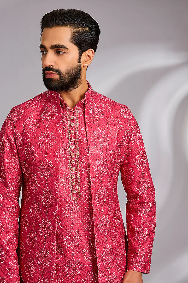 Red Printed Kurta-Jacket Set
