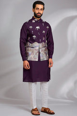 Wine Embroidered Kurta-Jacket Set