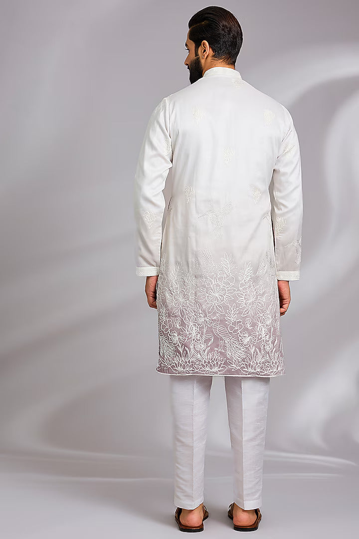 White and Pink Ombre Embroidered Kurta Set