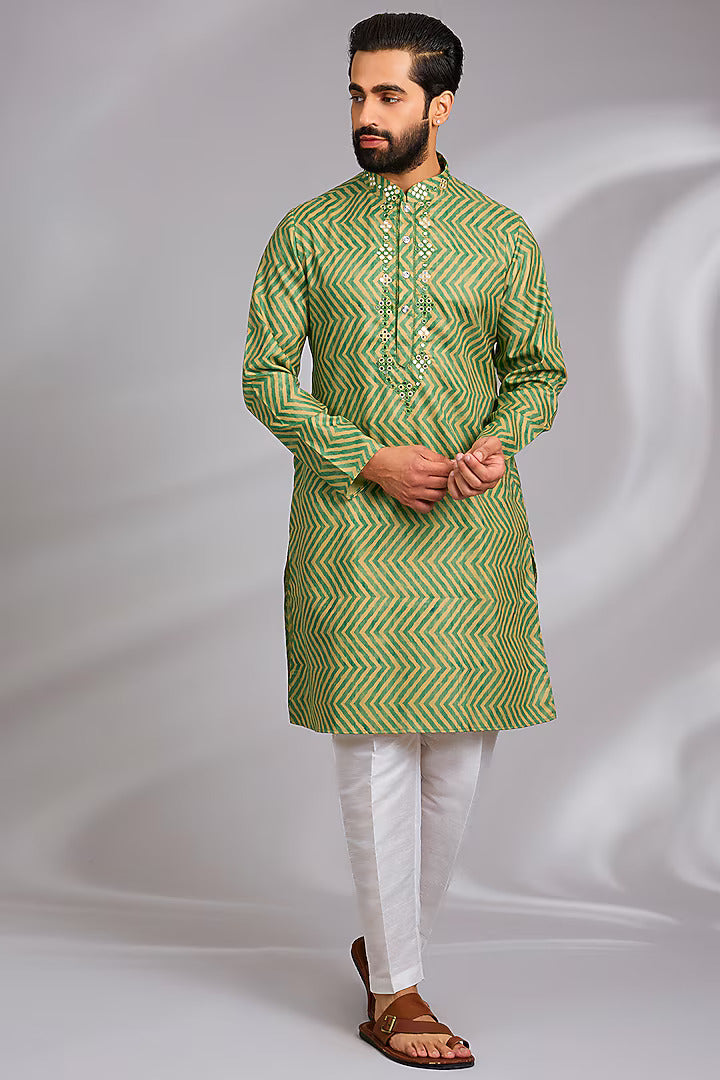 Green Embroidered Leheriya Kurta Set