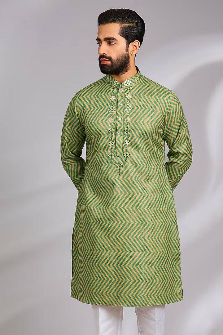 Green Embroidered Leheriya Kurta Set