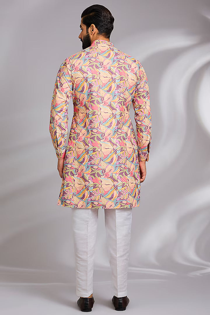 Peach Printed Kurta-Jacket Set