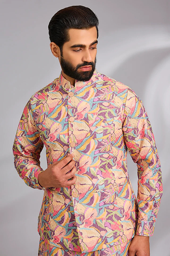 Peach Printed Kurta-Jacket Set