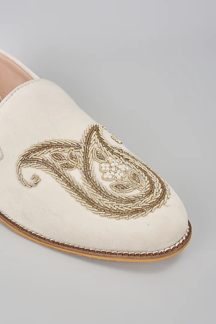 Off White Embroidered Loafers