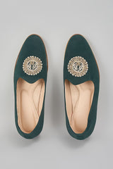 Emerald Green Embroidered Loafers