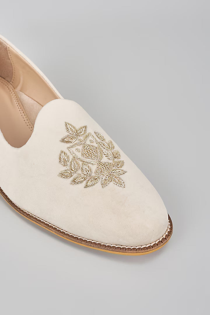Off White Embroidered Loafers