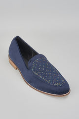 Navy Blue Embroidered Loafers