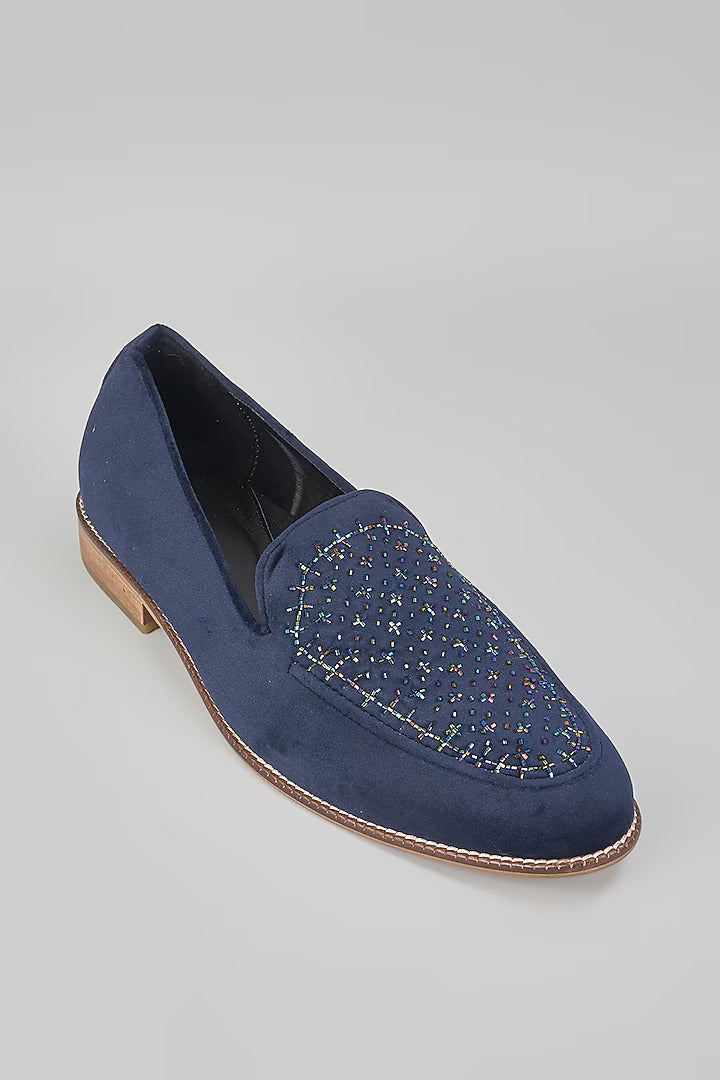 Navy Blue Embroidered Loafers