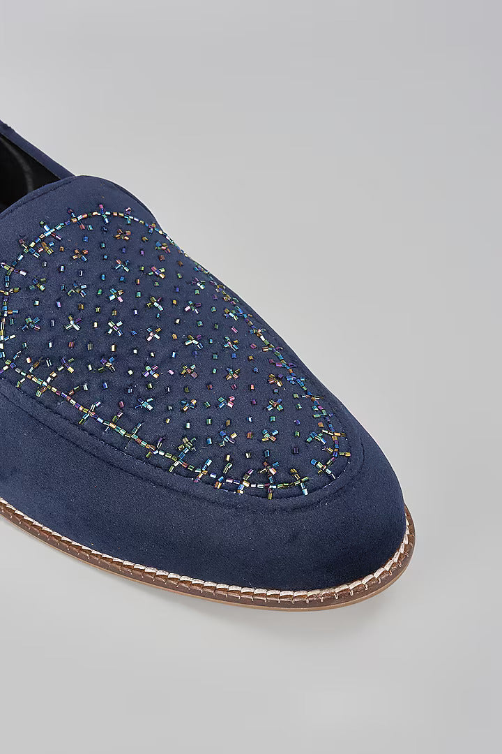 Navy Blue Embroidered Loafers
