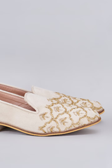 White raw silk based slip on loafers