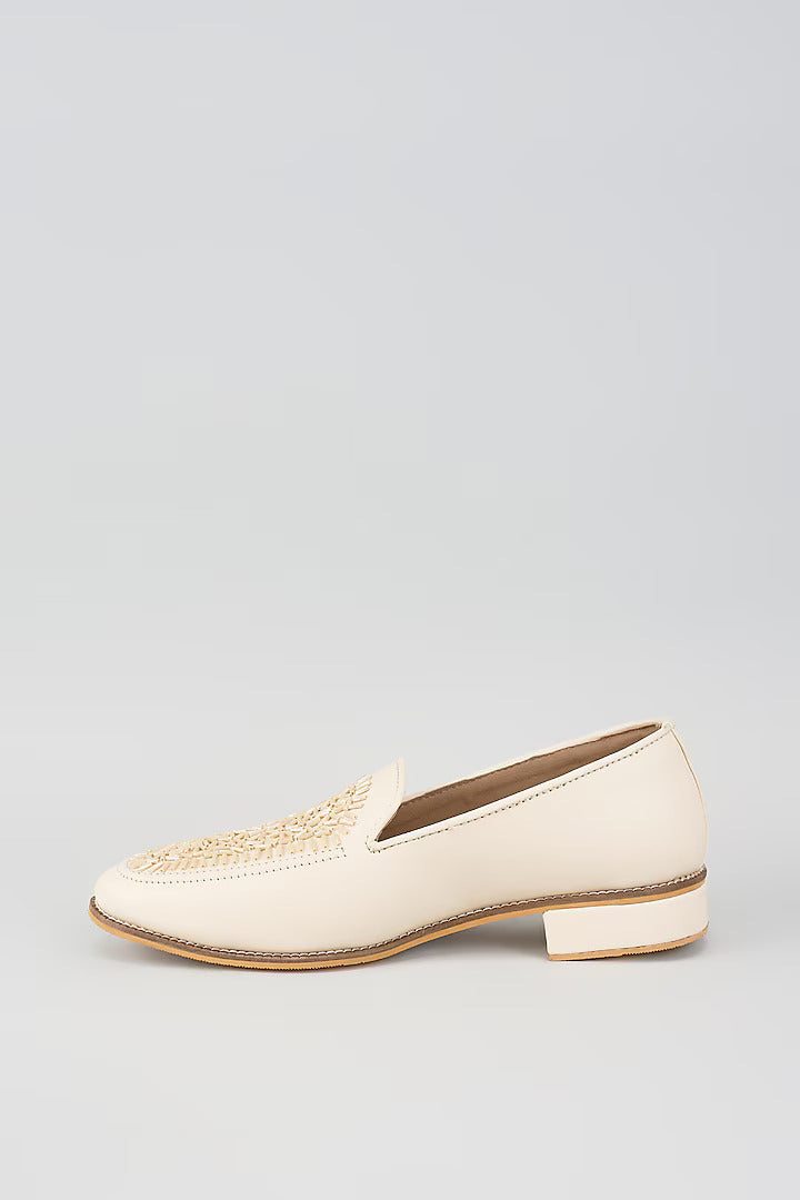 Off White Velvet Loafers with Beaded Embroidery