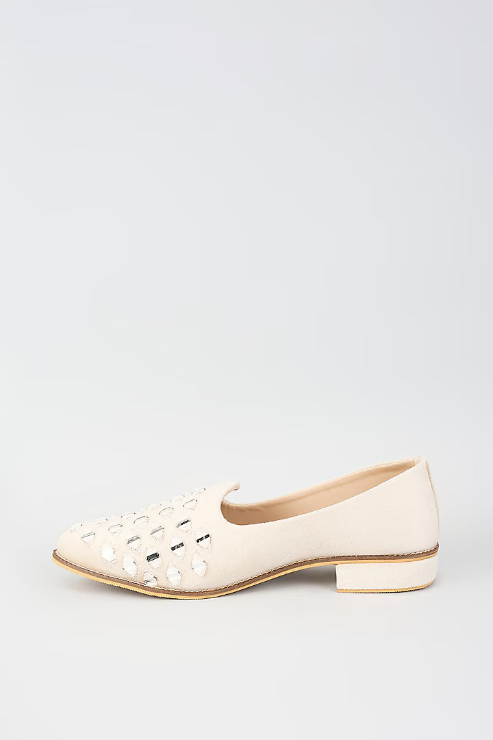 Off White Velvet Loafers with Mirror Embroidery