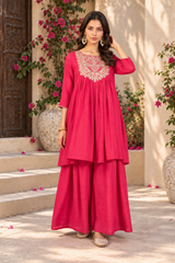 Women Rani Silk Embroidery Kurta Set