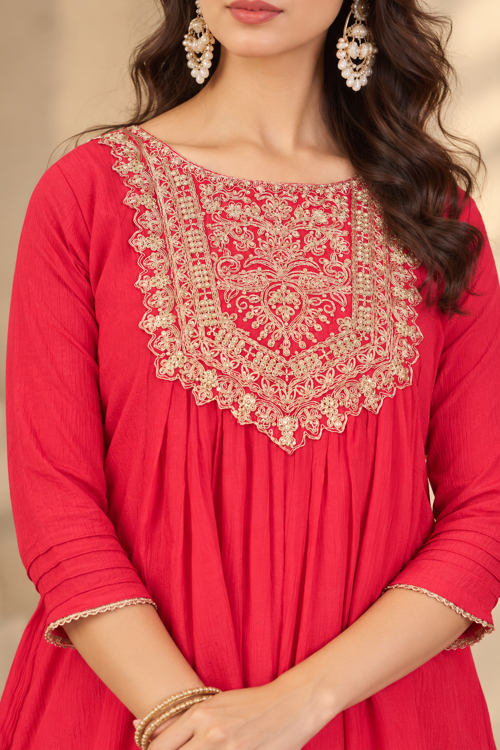 Women Red Silk Embroidery Kurta Set