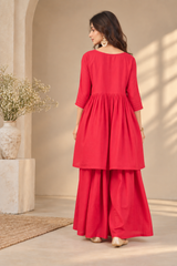 Women Red Silk Embroidery Kurta Set