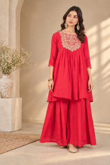 Women Red Silk Embroidery Kurta Set
