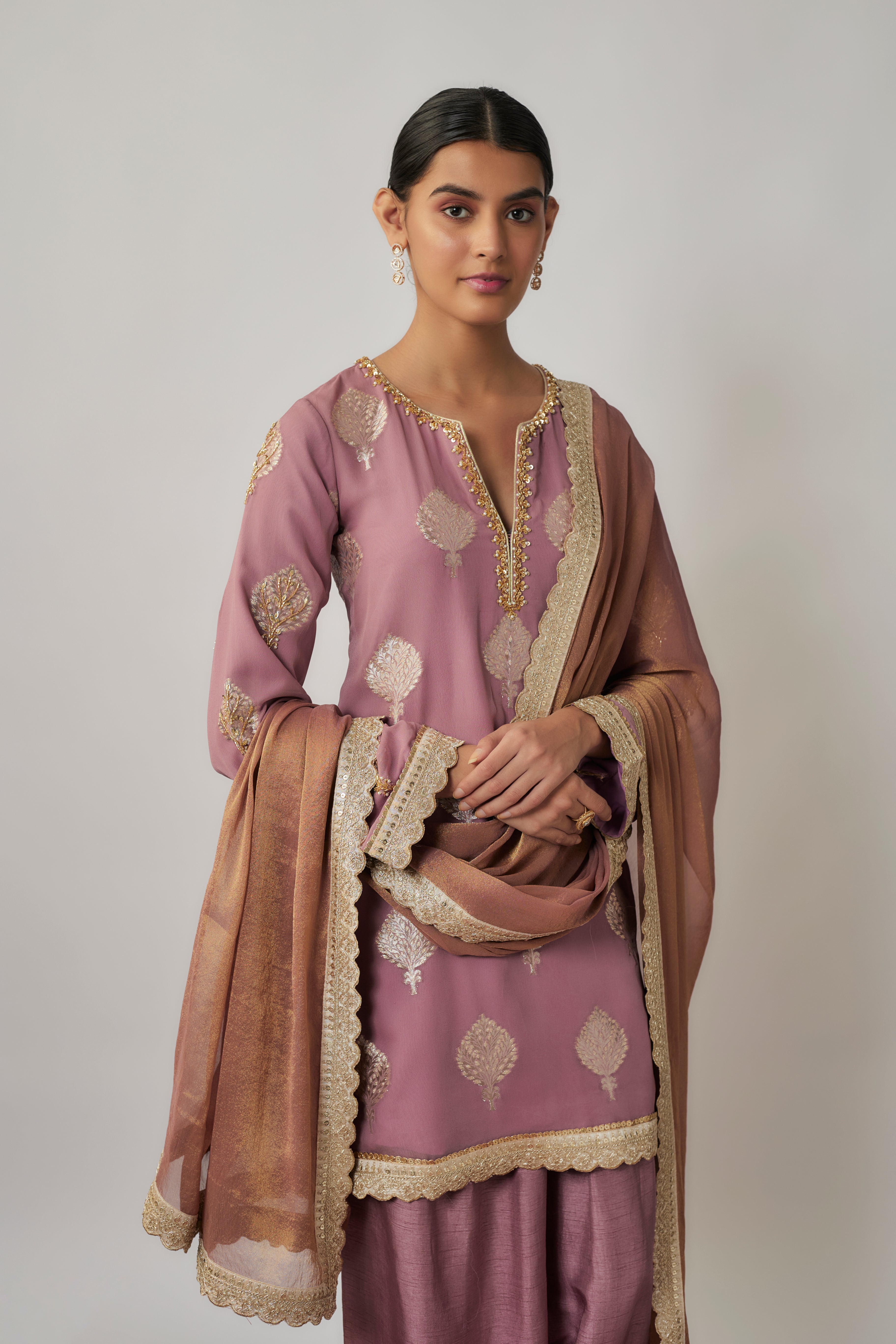 Mauve georgette benarasi embroidered kurta salwar set