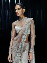 Pearl Drenched mesh saree paired with a structured sweetheart blouse