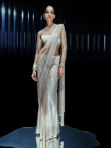 Pearl Drenched mesh saree paired with a structured sweetheart blouse