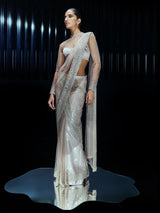 Pearl Drenched mesh saree paired with a structured sweetheart blouse