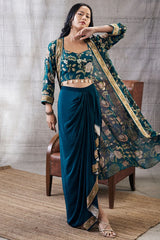 MEHR PRINTED DRAPE SKIRT SET WITH JACKET