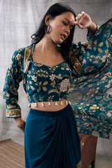 MEHR PRINTED DRAPE SKIRT SET WITH JACKET