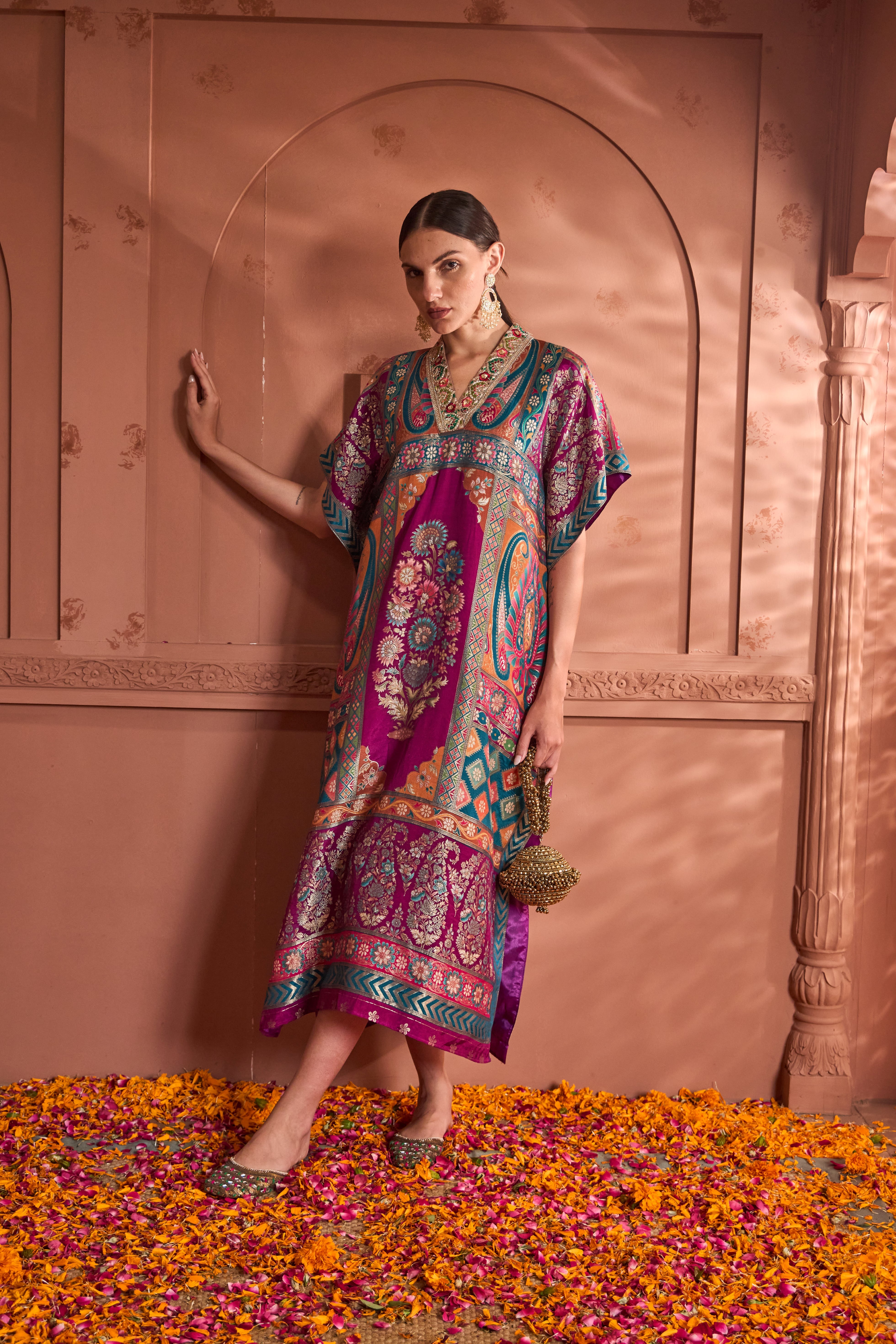 Banarasi Begum Embroidered Kaftan - Green Purple