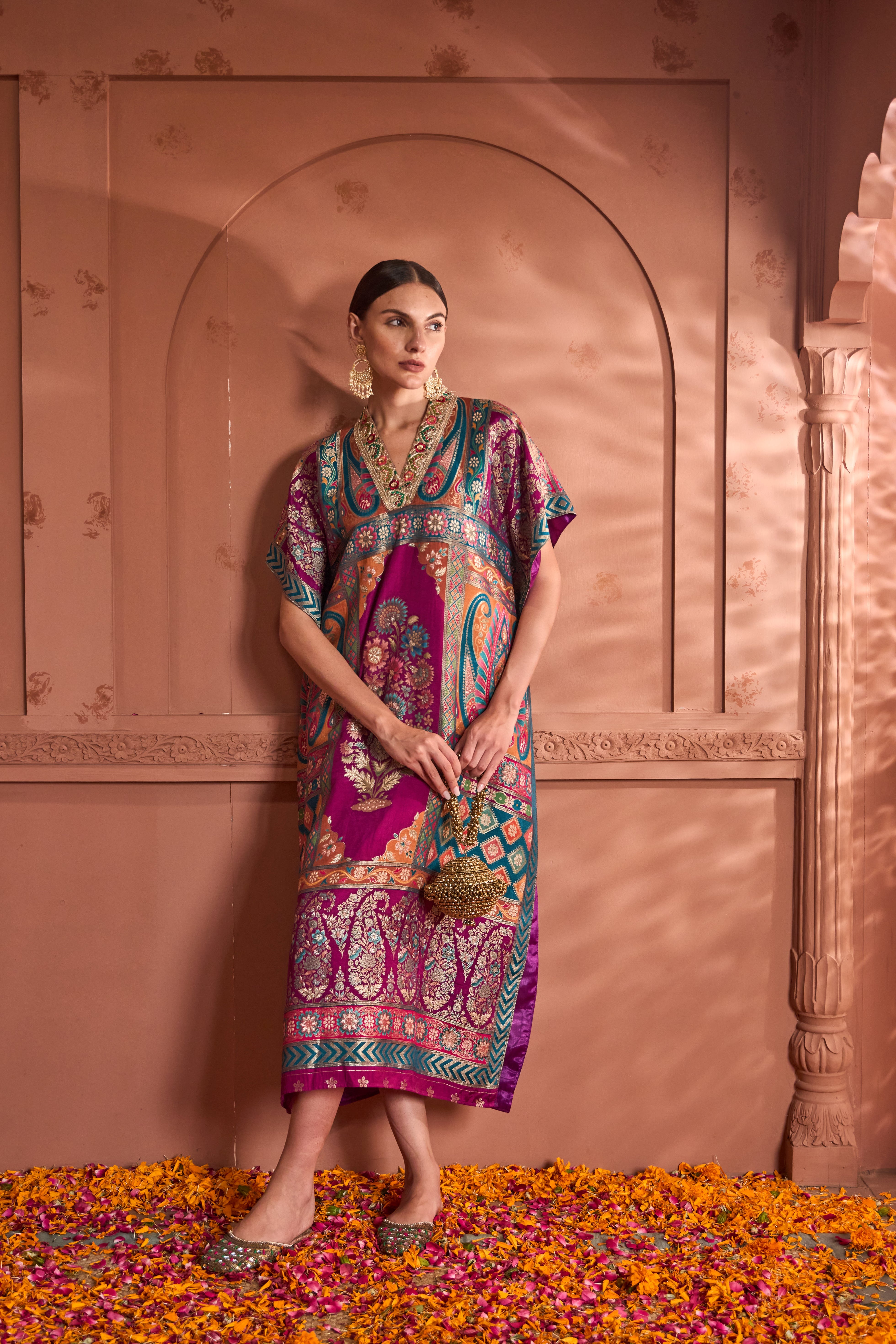 Banarasi Begum Embroidered Kaftan - Green Purple