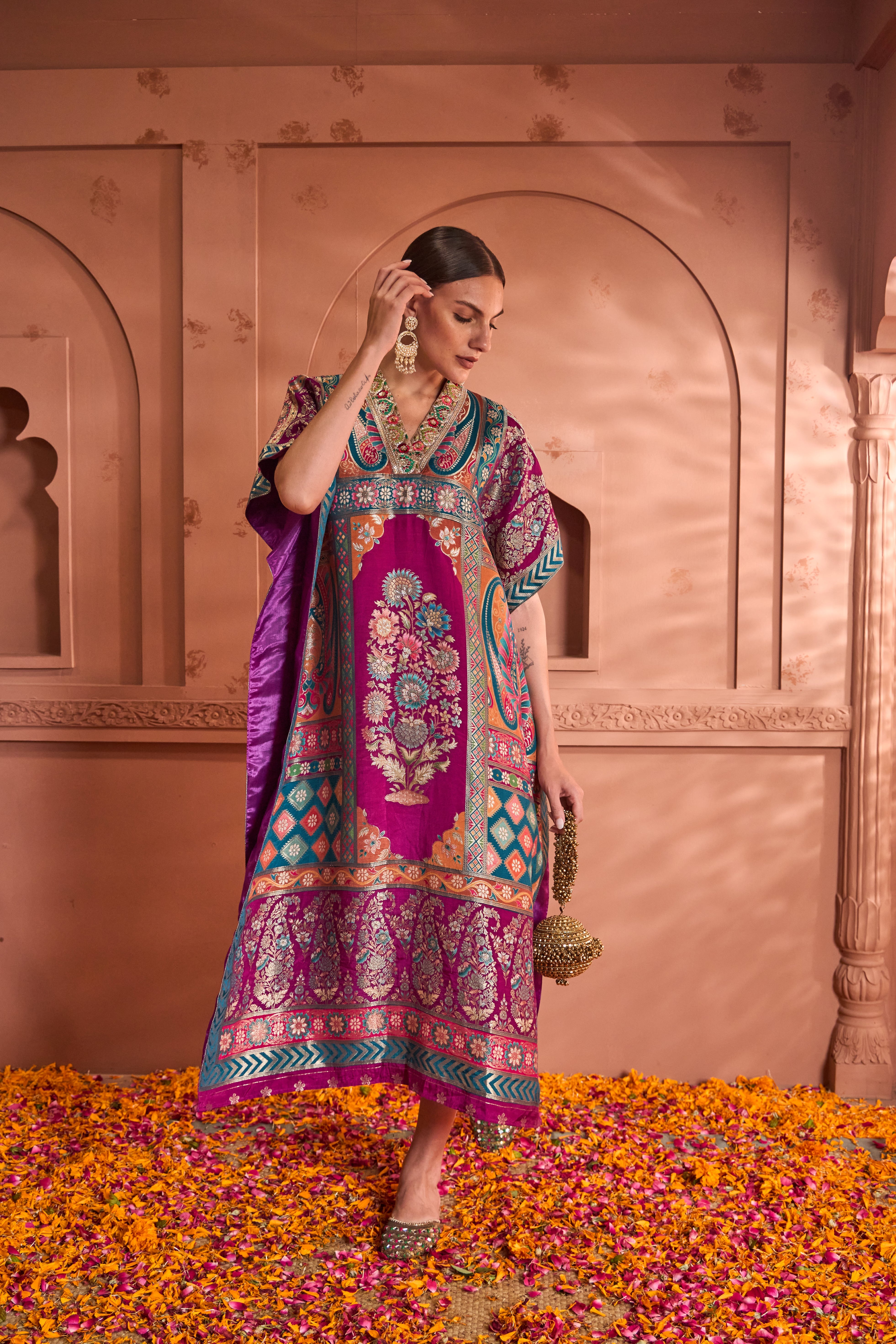 Banarasi Begum Embroidered Kaftan - Green Purple