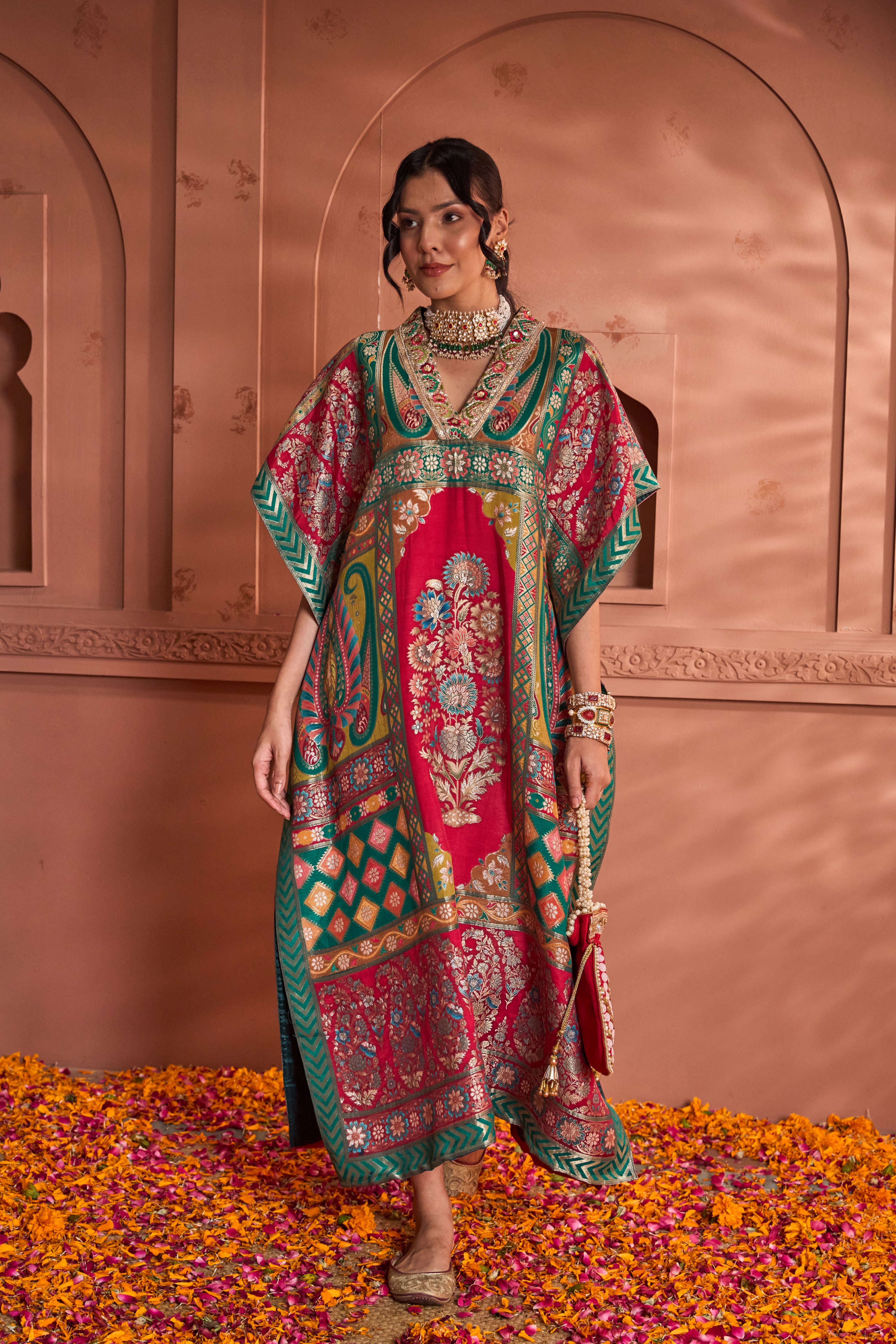 Banarasi Begum Embroidered Kaftan - Green Red