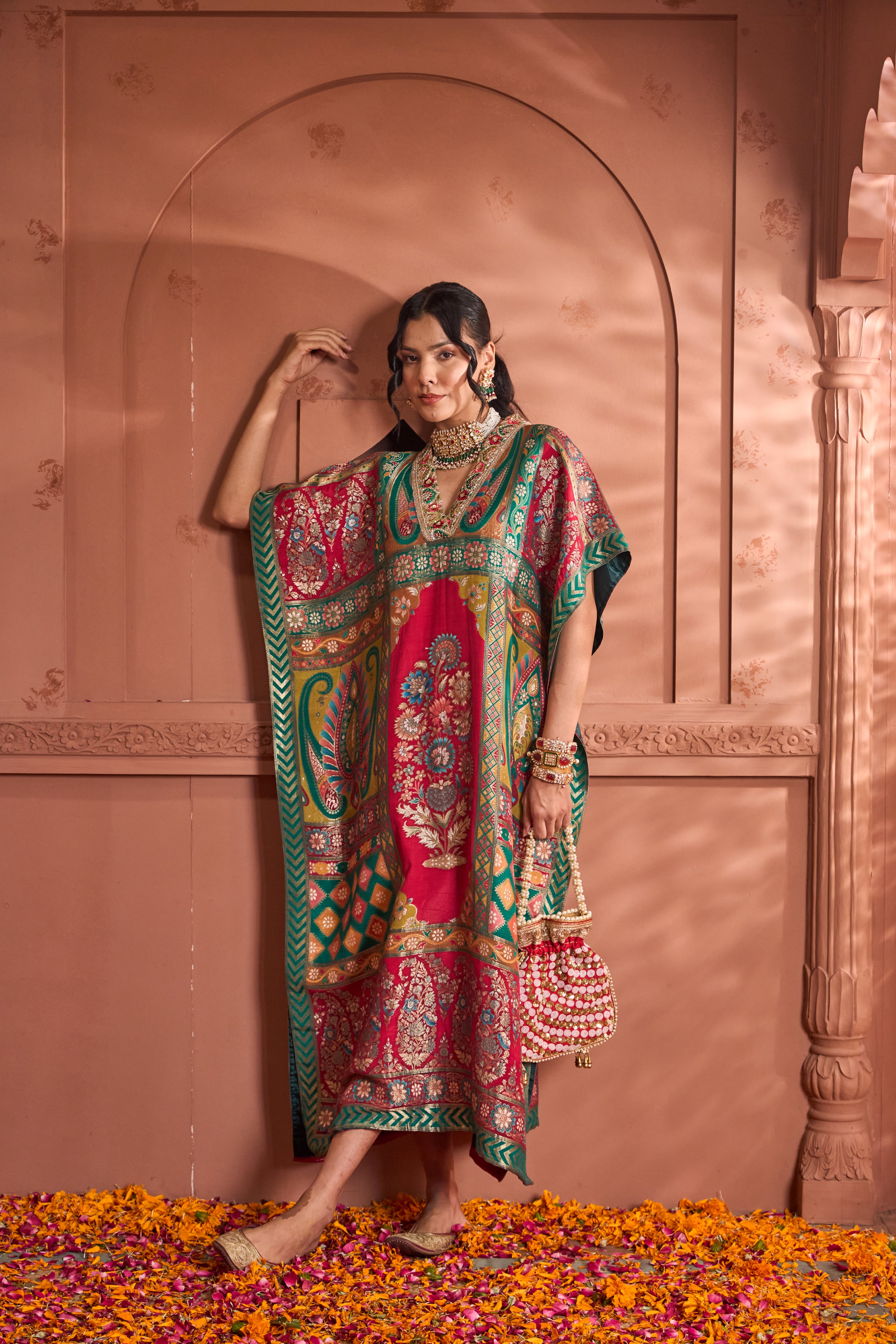 Banarasi Begum Embroidered Kaftan - Green Red