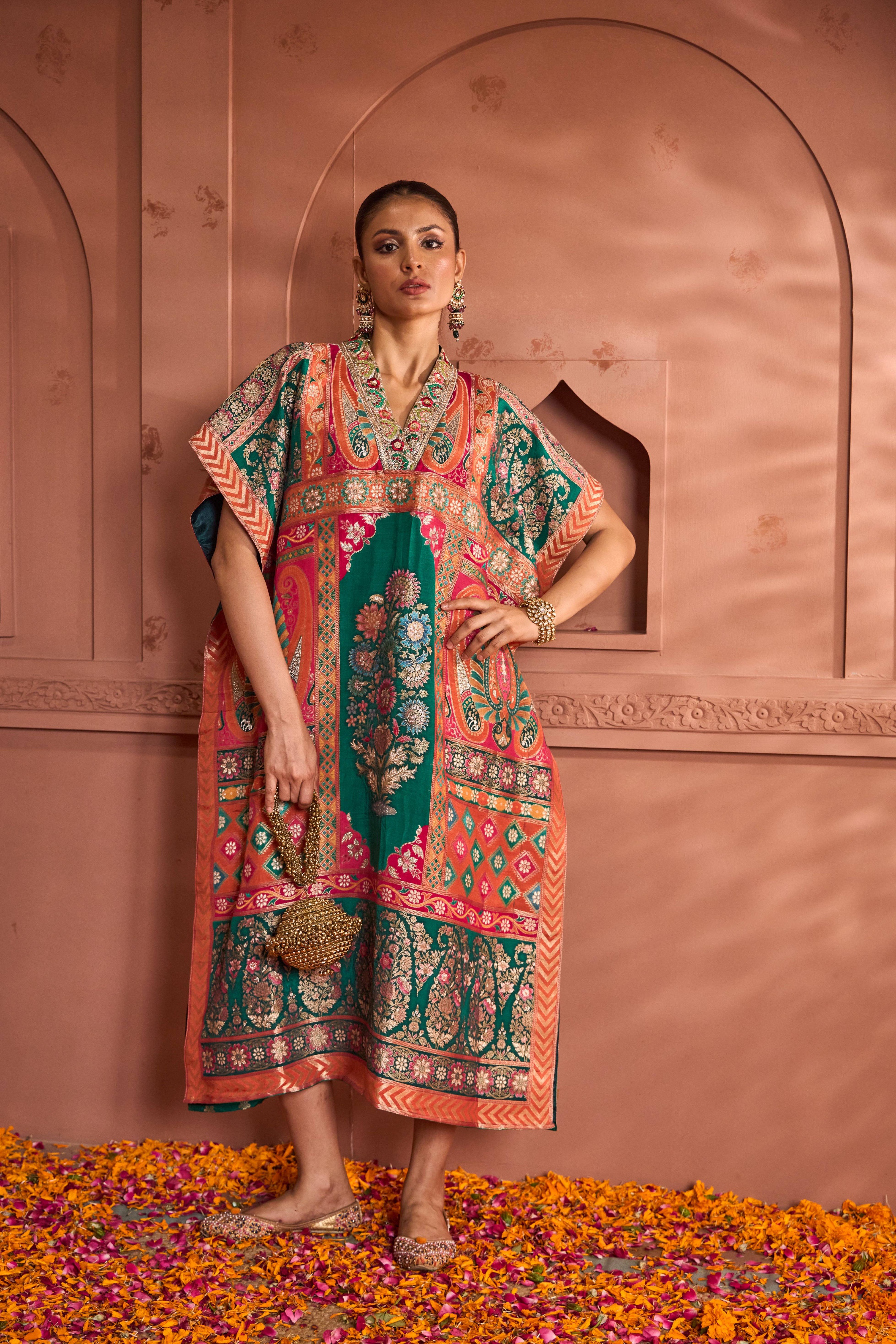 Banarasi Begum Embroidered Kaftan - Green Orange