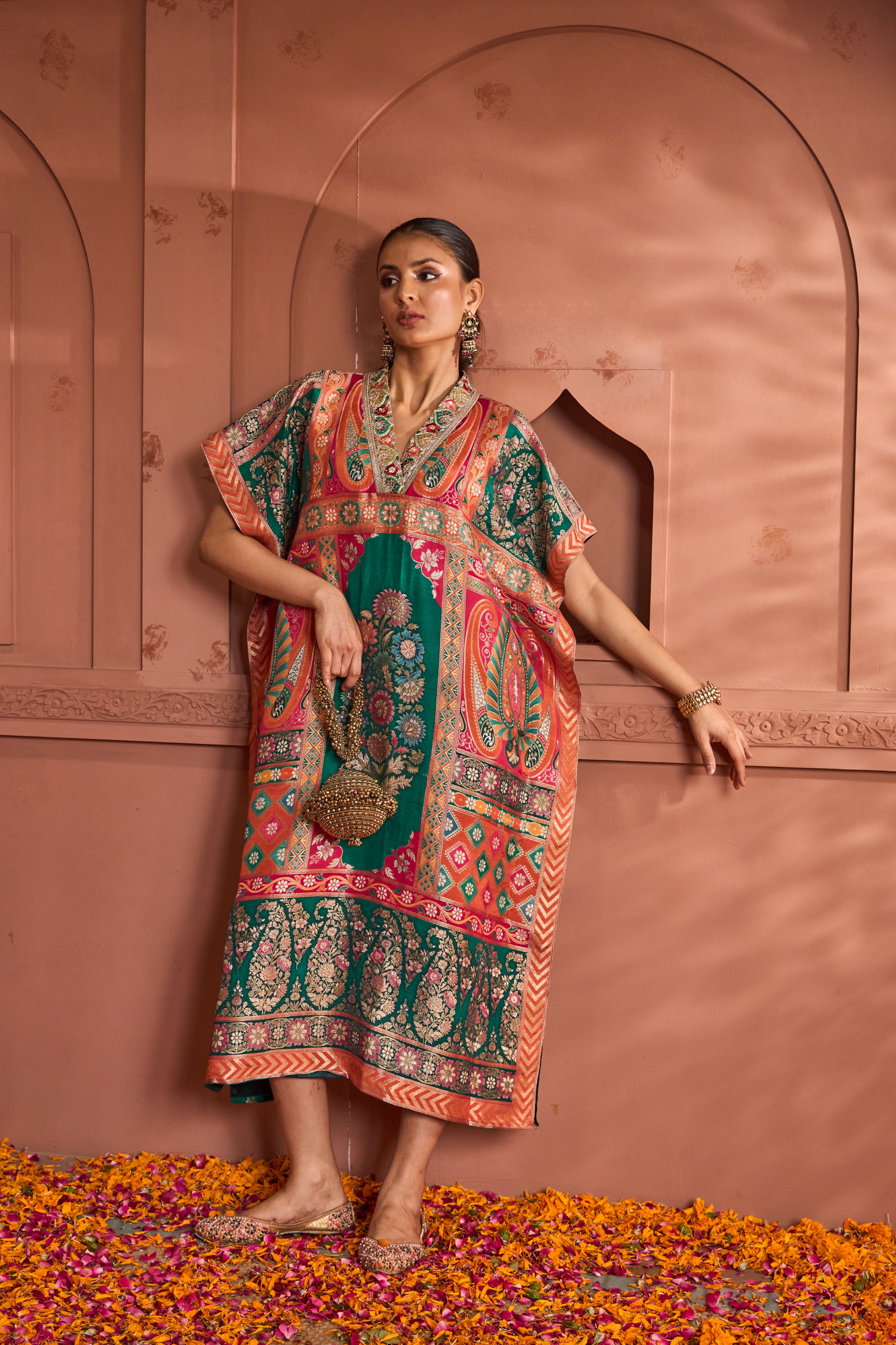 Banarasi Begum Embroidered Kaftan - Green Orange