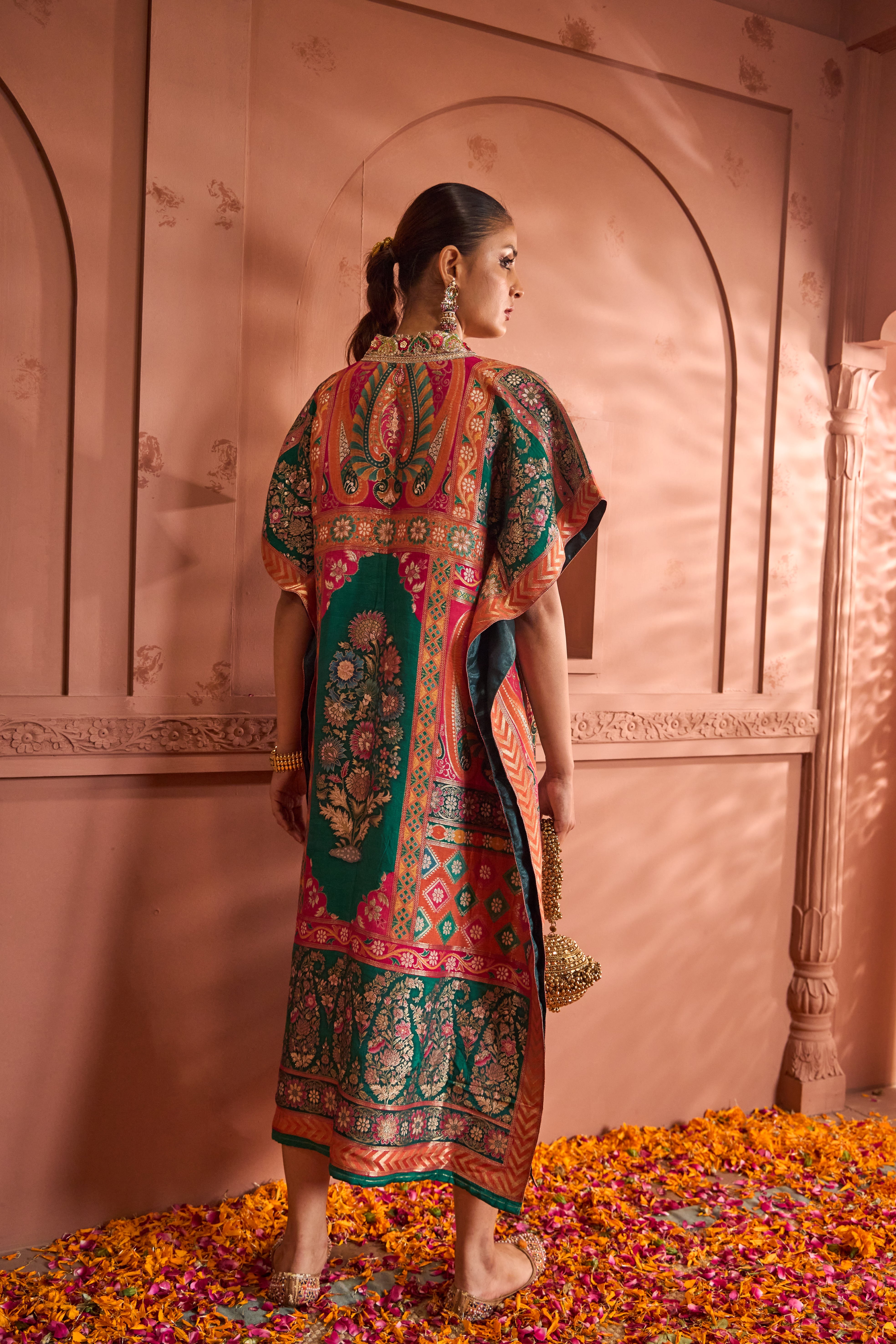 Banarasi Begum Embroidered Kaftan - Green Orange