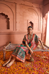 Banarasi Begum Embroidered Kaftan - Green Orange