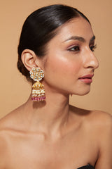 Gold Plated Kundan Polki Studded Pink Bead Drop Jhumka Earrings
