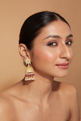 Gold Plated Kundan With Beads Drop Jhumka Earrings