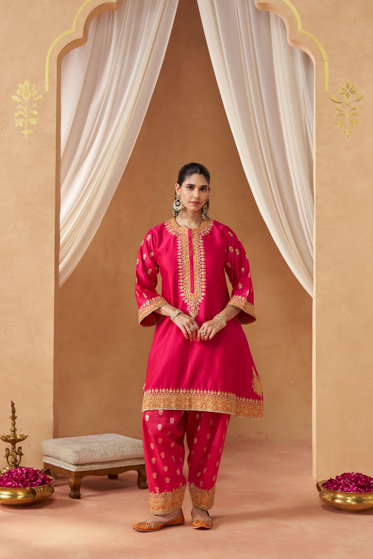 Zeenal Hotpink A-Line Kaaftan with Salwar and Dupatta