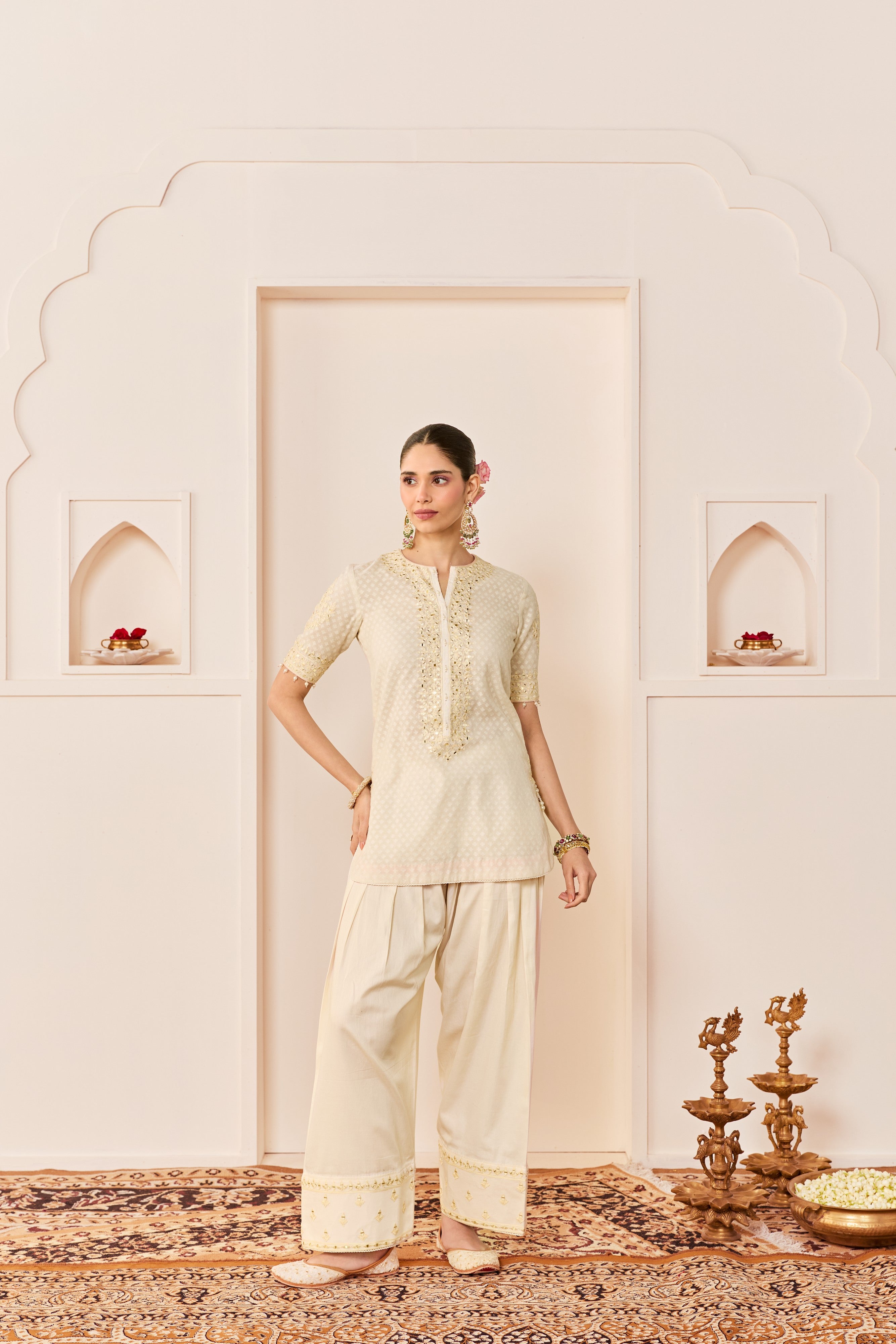 ANAISHA -DAISY IVORY SHORT KURTA WITH FARSHI SALWAR AND DUPATTA